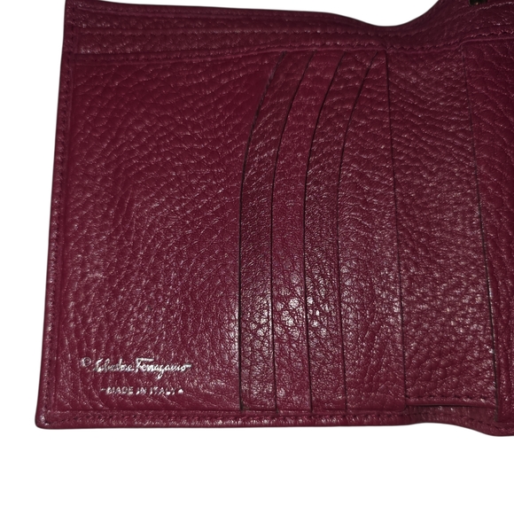 SALVATORE FERRAGAMO Burgundy Leather Ganchini Bifold Compact Wallet - Picture 11 of 16